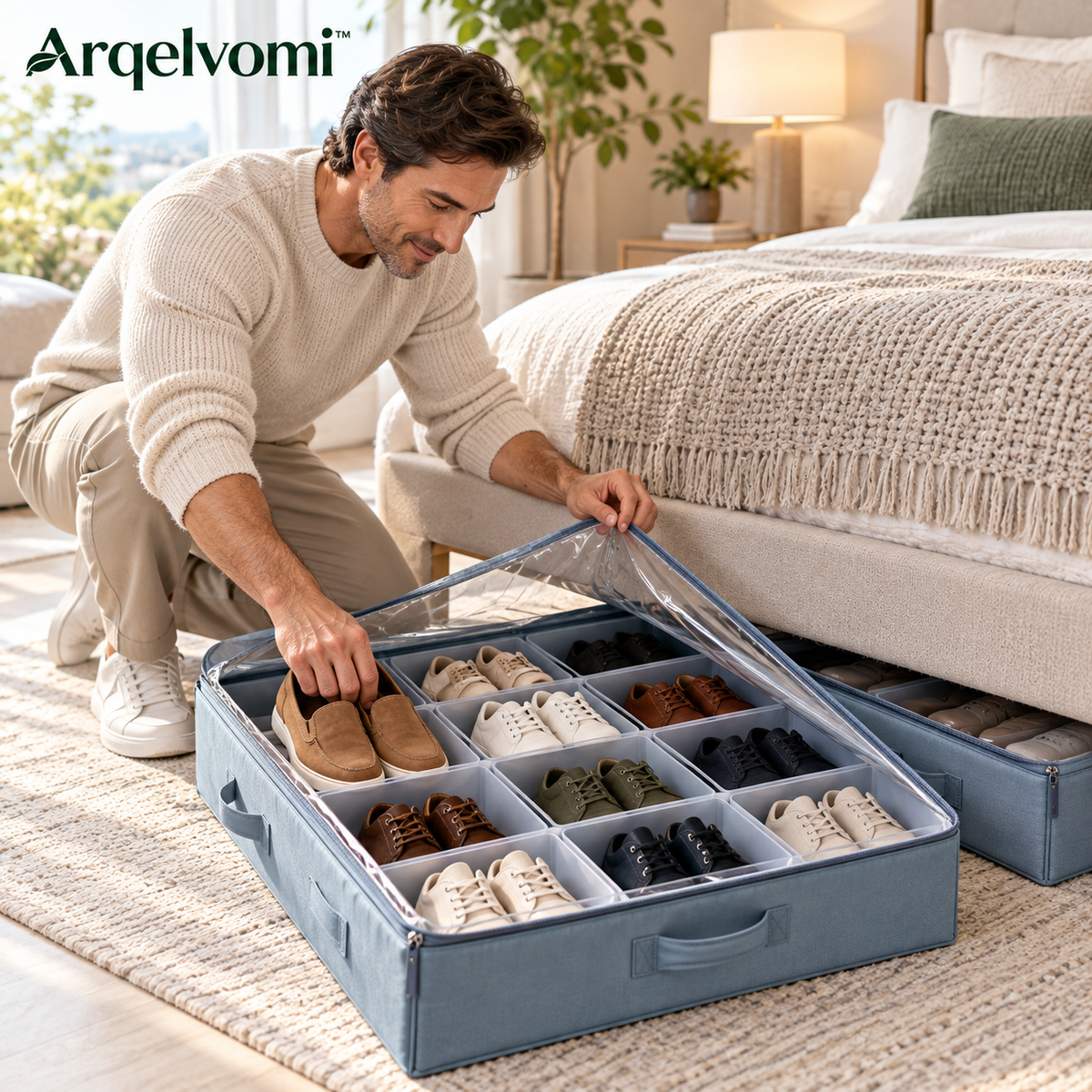 Arqelvomi™ ShoeCove 2-Pack Under Bed Shoe Storage Organizers – Foldable 24-Compartment Shoe Storage Bags with Clear Zippered Covers, Fabric Dividers & Reinforced Pull Handles