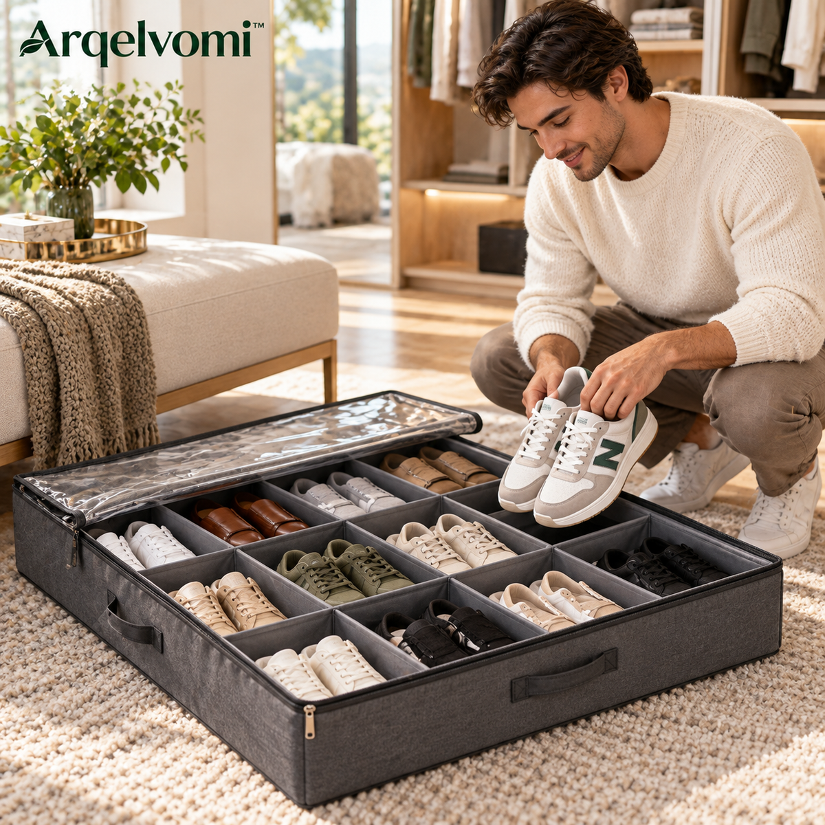 Arqelvomi™ ShoeCove 2-Pack Under Bed Shoe Storage Organizers – Foldable 24-Compartment Shoe Storage Bags with Clear Zippered Covers, Fabric Dividers & Reinforced Pull Handles