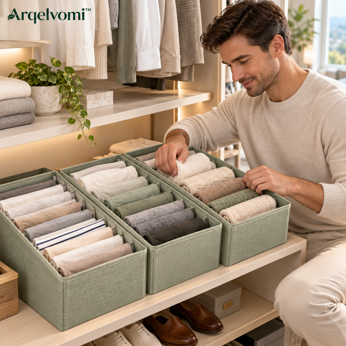 Arqelvomi™ FoldNest 3-Pack T-Shirt Drawer Organizer – Structured Fabric Clothing Storage Bins with Adjustable Dividers for Folded Shirts, Leggings, Sweaters & Closet Shelves