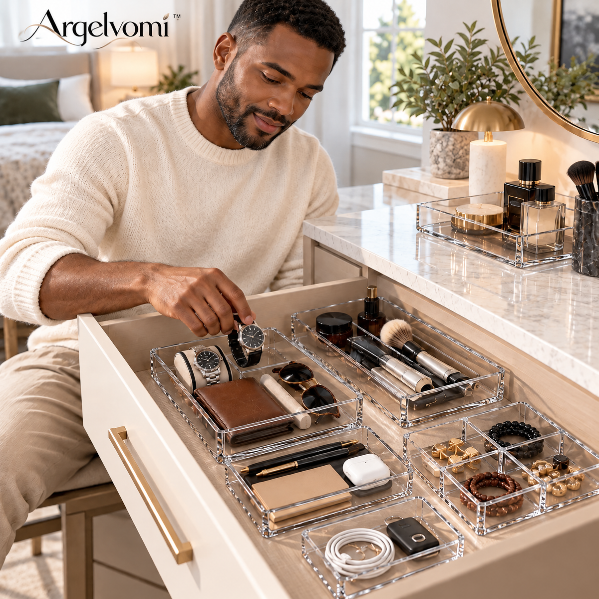 Arqelvomi™ Clearline 5-Piece Acrylic Drawer Organizer Set – Stackable Makeup Storage Trays, Clear Vanity Drawer Dividers for Cosmetics, Jewelry, Skincare, Office & Bathroom Organization
