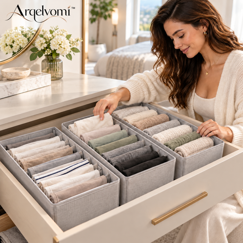 Arqelvomi™ FoldNest 3-Pack T-Shirt Drawer Organizer – Structured Fabric Clothing Storage Bins with Adjustable Dividers for Folded Shirts, Leggings, Sweaters & Closet Shelves