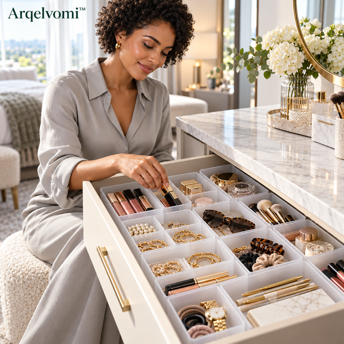 Arqelvomi™ Forma 12-Piece Modular Drawer Organizer Set – Stackable Plastic Storage Trays, Non-Slip Drawer Dividers for Makeup, Office Supplies, Bathroom & Dresser Organization