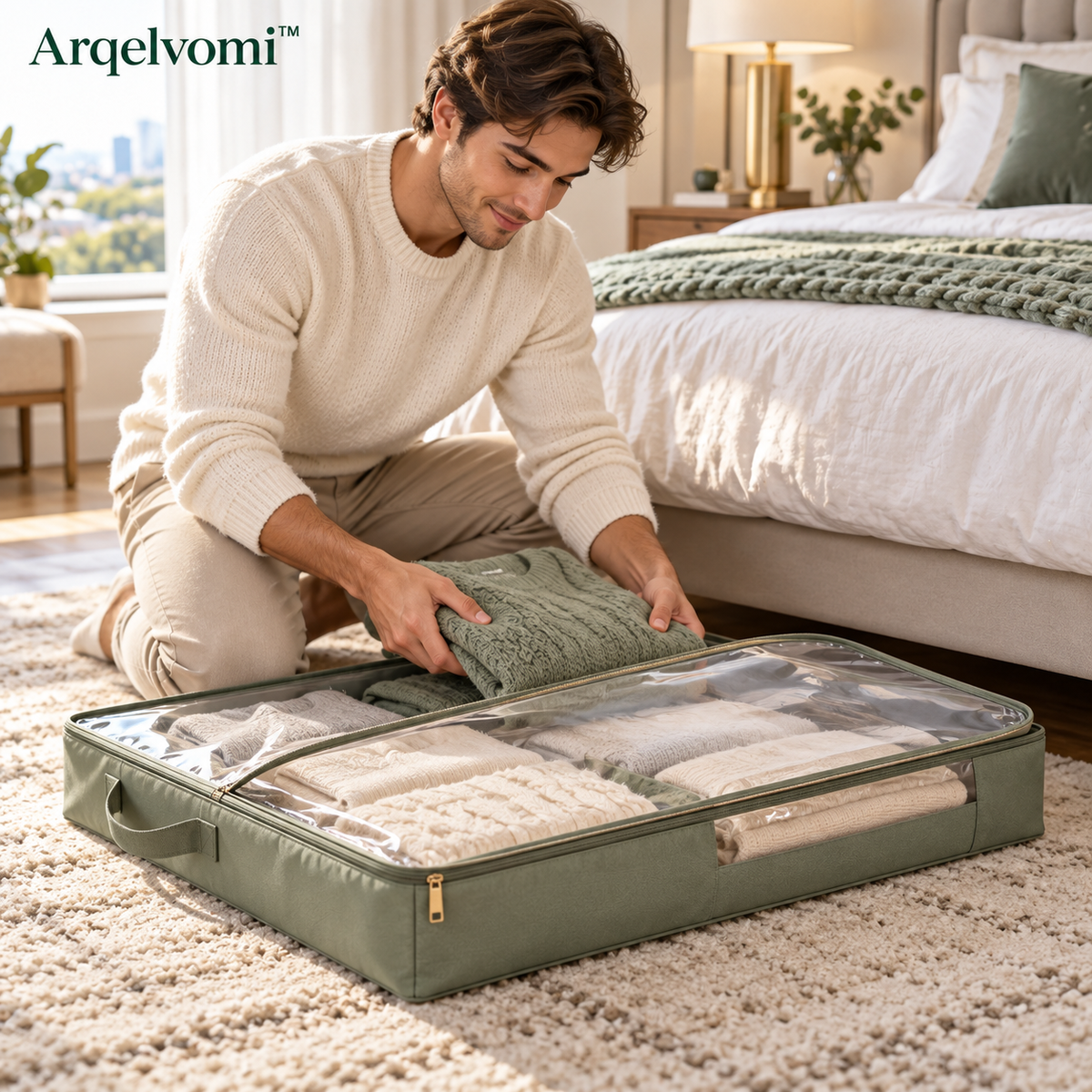 Arqelvomi™ LoftLine 2-Pack Under Bed Storage Bags – Low-Profile Foldable Clothes Organizers with Clear Zippered Lid, Reinforced Handles for Blankets, Sweaters, Bedding & Bedroom Storage