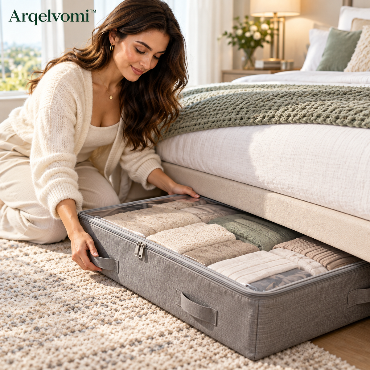 Arqelvomi™ LoftLine 2-Pack Under Bed Storage Bags – Low-Profile Foldable Clothes Organizers with Clear Zippered Lid, Reinforced Handles for Blankets, Sweaters, Bedding & Bedroom Storage