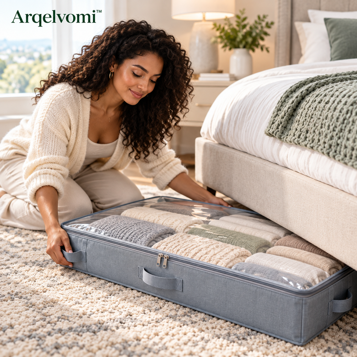 Arqelvomi™ LoftLine 2-Pack Under Bed Storage Bags – Low-Profile Foldable Clothes Organizers with Clear Zippered Lid, Reinforced Handles for Blankets, Sweaters, Bedding & Bedroom Storage