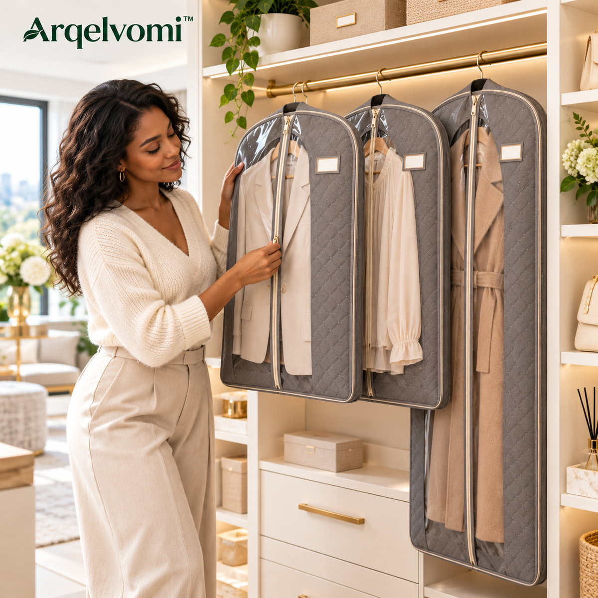 Arqelvomi™ StackCanvas 2-Pack Structured Closet Storage Bags – Quilted Fabric Wardrobe Organizer Boxes with Clear Window, Removable Support Panels, Zippered Opening & Carry Handles