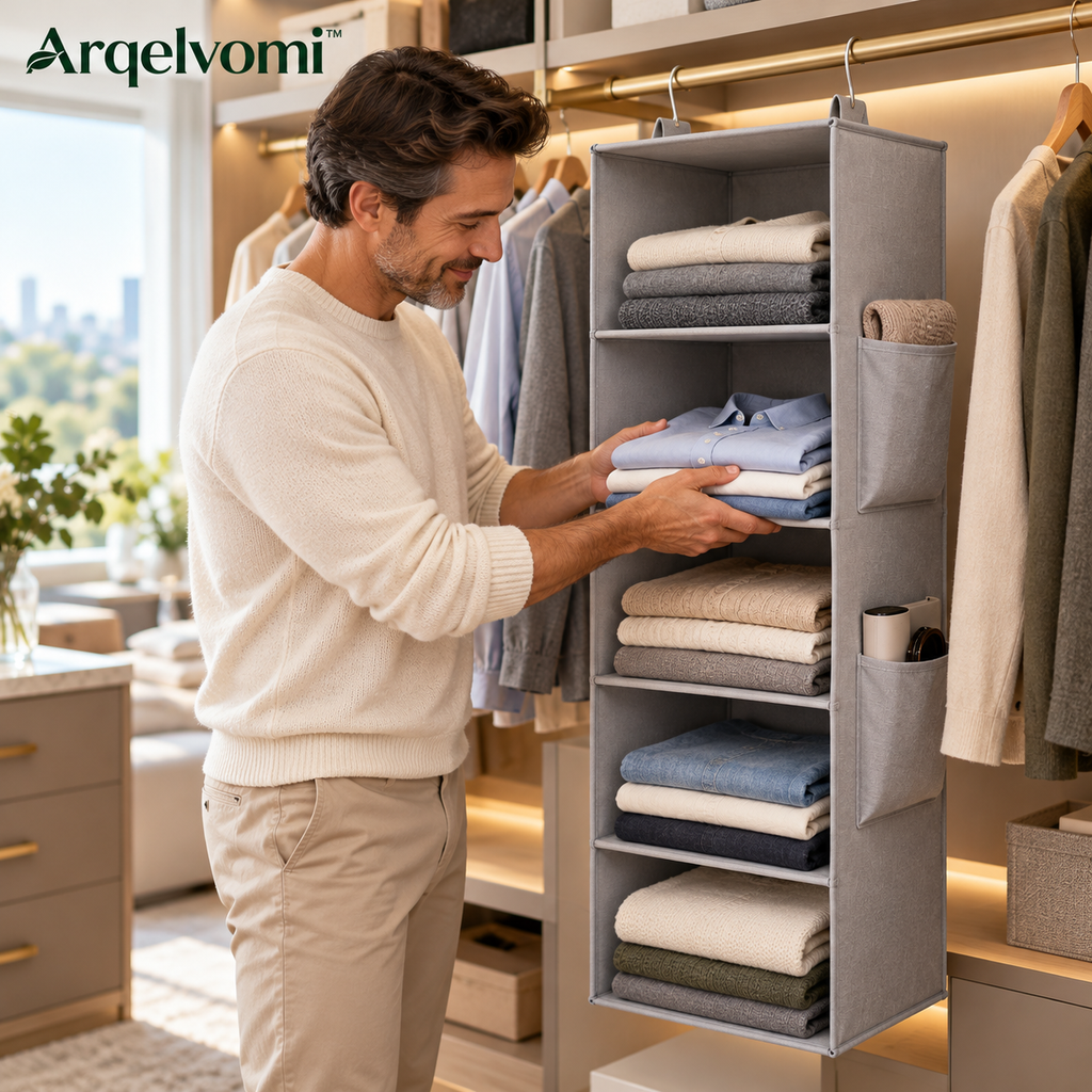 Arqelvomi™ HushHanger 5-Shelf Hanging Closet Organizer – Foldable Fabric Wardrobe Storage Shelves with Reinforced Panels, Side Pockets & Closet Rod Hooks for Sweaters, Clothes & Accessories