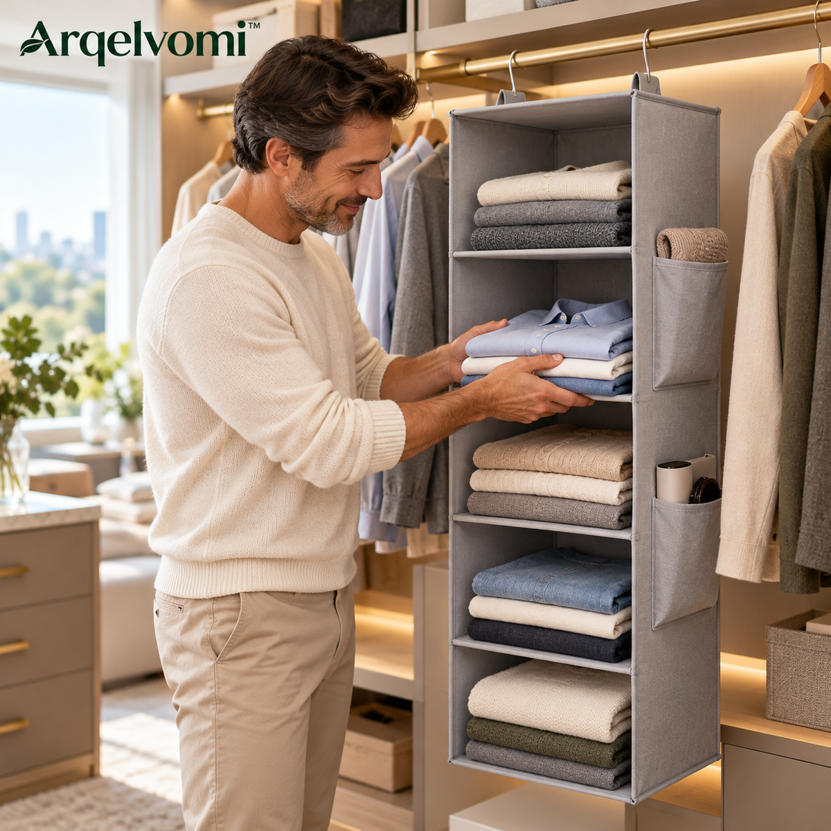 Arqelvomi™ HushHanger 5-Shelf Hanging Closet Organizer – Foldable Fabric Wardrobe Storage Shelves with Reinforced Panels, Side Pockets & Closet Rod Hooks for Sweaters, Clothes & Accessories