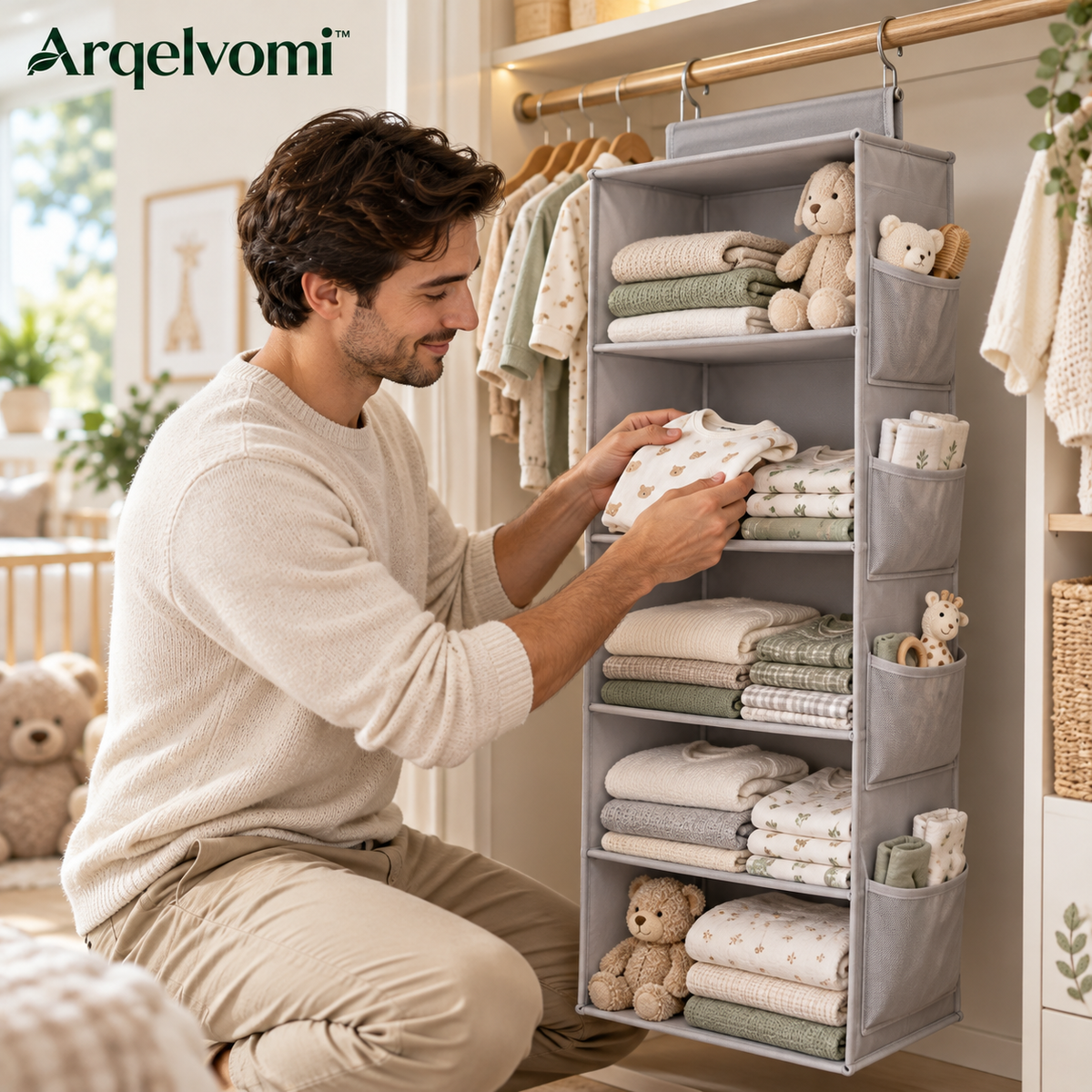 Arqelvomi™ HushHanger 5-Shelf Hanging Closet Organizer – Foldable Fabric Wardrobe Storage Shelves with Reinforced Panels, Side Pockets & Closet Rod Hooks for Sweaters, Clothes & Accessories
