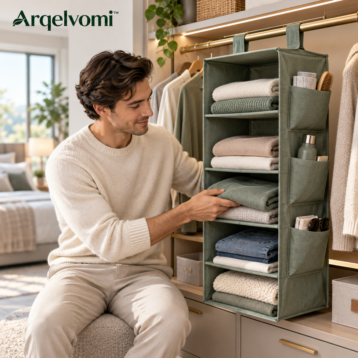 Arqelvomi™ HushHanger 5-Shelf Hanging Closet Organizer – Foldable Fabric Wardrobe Storage Shelves with Reinforced Panels, Side Pockets & Closet Rod Hooks for Sweaters, Clothes & Accessories