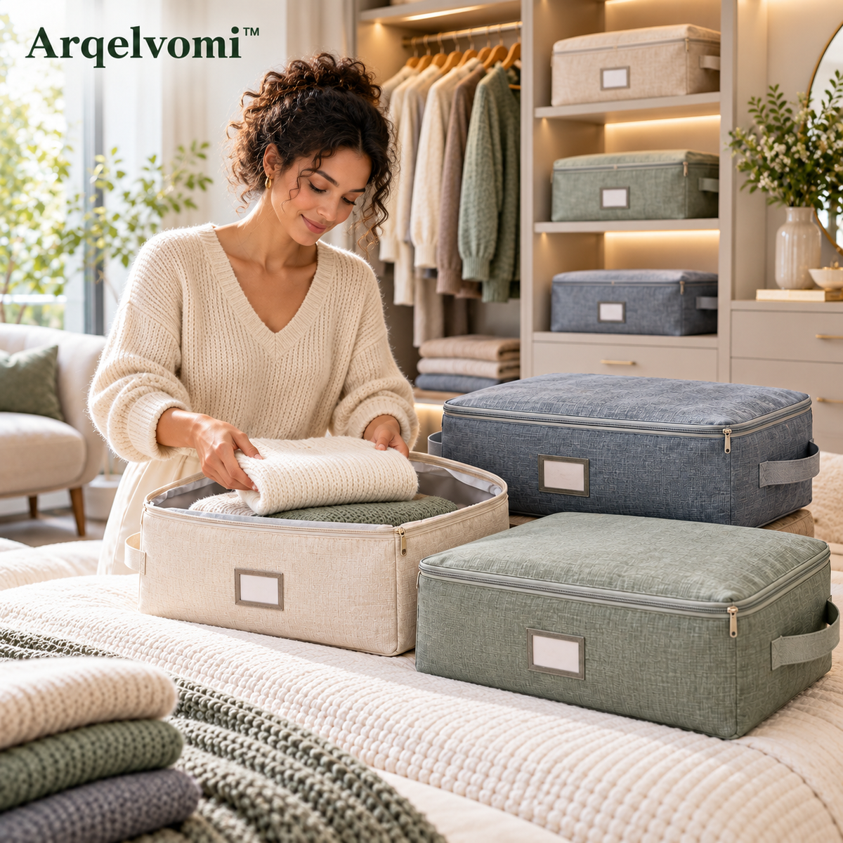 Arqelvomi™ SeasonFold 4-Pack Sweater Storage Bags – Breathable Fabric Closet Organizer Cases with Zipper Closure, Label Windows & Foldable Design for Knitwear, Cardigans, Scarves & Seasonal Clothes