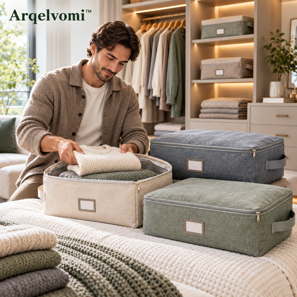 Arqelvomi™ SeasonFold 4-Pack Sweater Storage Bags – Breathable Fabric Closet Organizer Cases with Zipper Closure, Label Windows & Foldable Design for Knitwear, Cardigans, Scarves & Seasonal Clothes