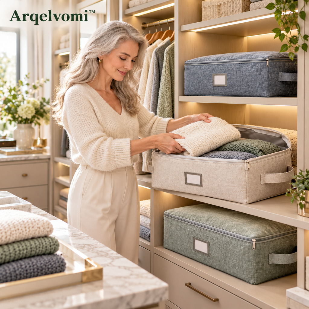 Arqelvomi™ SeasonFold 4-Pack Sweater Storage Bags – Breathable Fabric Closet Organizer Cases with Zipper Closure, Label Windows & Foldable Design for Knitwear, Cardigans, Scarves & Seasonal Clothes