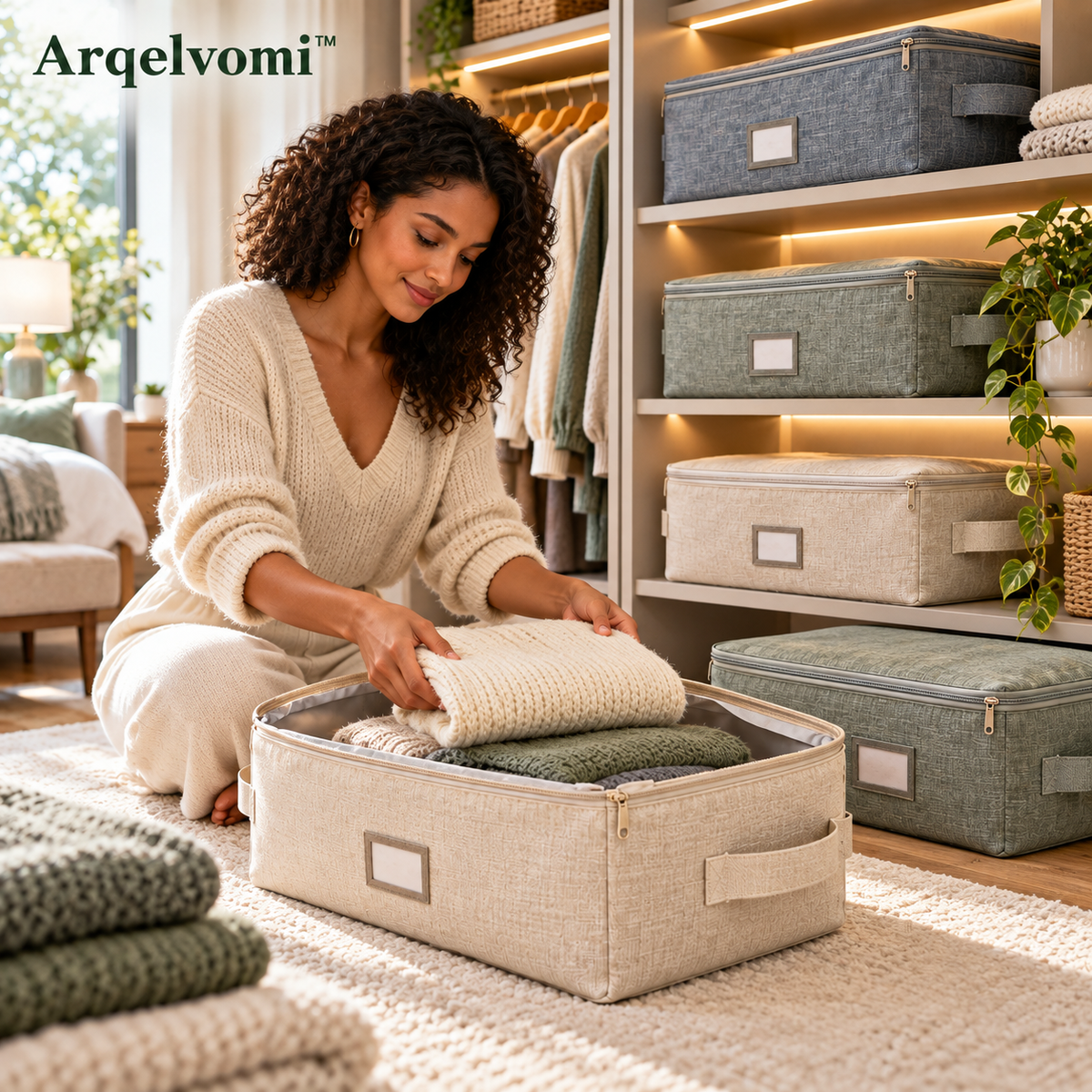 Arqelvomi™ SeasonFold 4-Pack Sweater Storage Bags – Breathable Fabric Closet Organizer Cases with Zipper Closure, Label Windows & Foldable Design for Knitwear, Cardigans, Scarves & Seasonal Clothes
