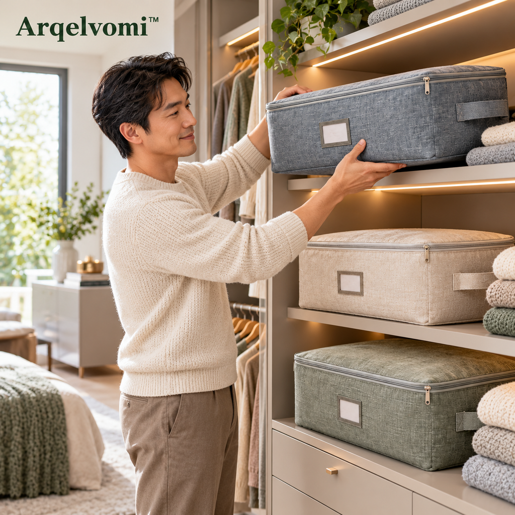 Arqelvomi™ SeasonFold 4-Pack Sweater Storage Bags – Breathable Fabric Closet Organizer Cases with Zipper Closure, Label Windows & Foldable Design for Knitwear, Cardigans, Scarves & Seasonal Clothes
