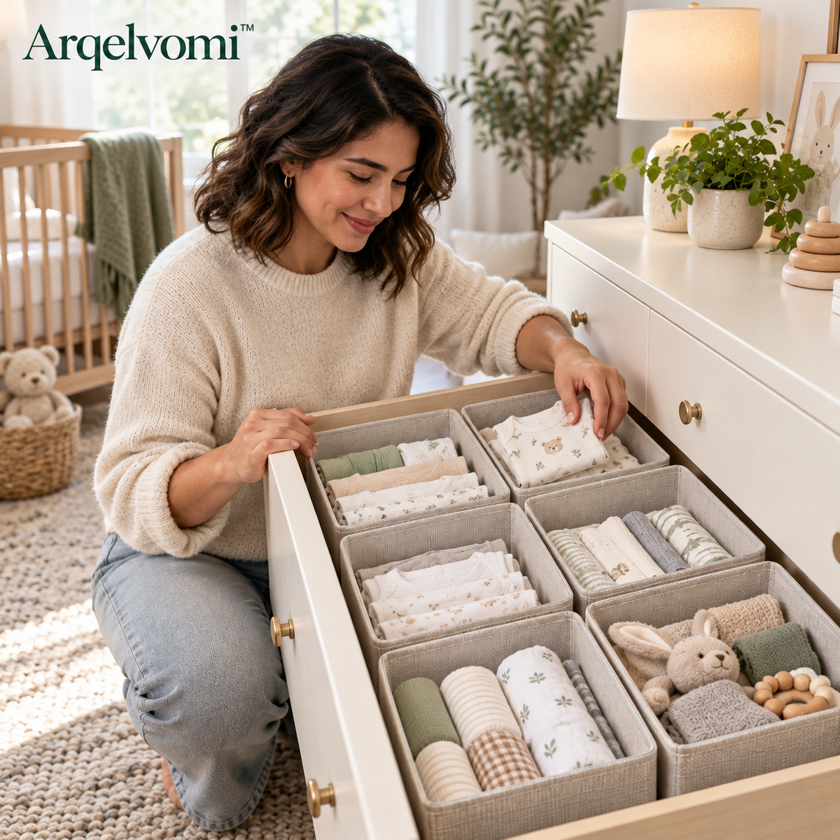 Arqelvomi™ LinenArc 6-Piece Fabric Drawer Organizer Bins – Foldable Dresser Storage Boxes with Reinforced Sides for Socks, Underwear, Baby Clothes, Bedroom & Closet Organization