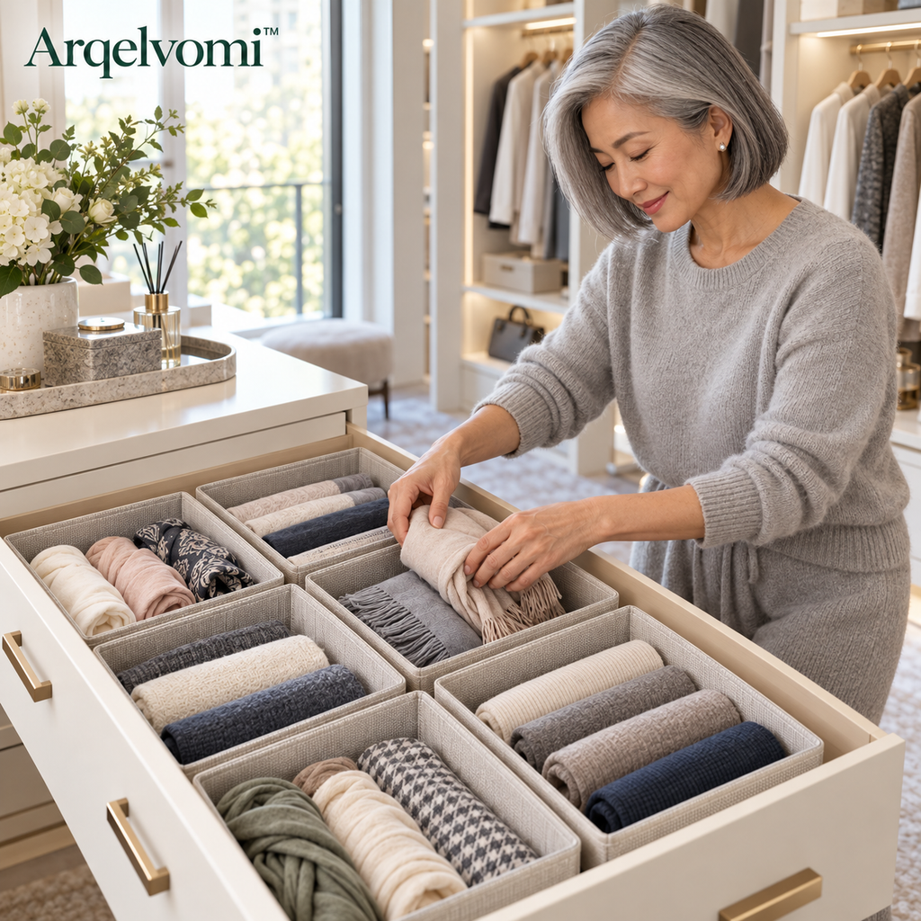 Arqelvomi™ LinenArc 6-Piece Fabric Drawer Organizer Bins – Foldable Dresser Storage Boxes with Reinforced Sides for Socks, Underwear, Baby Clothes, Bedroom & Closet Organization