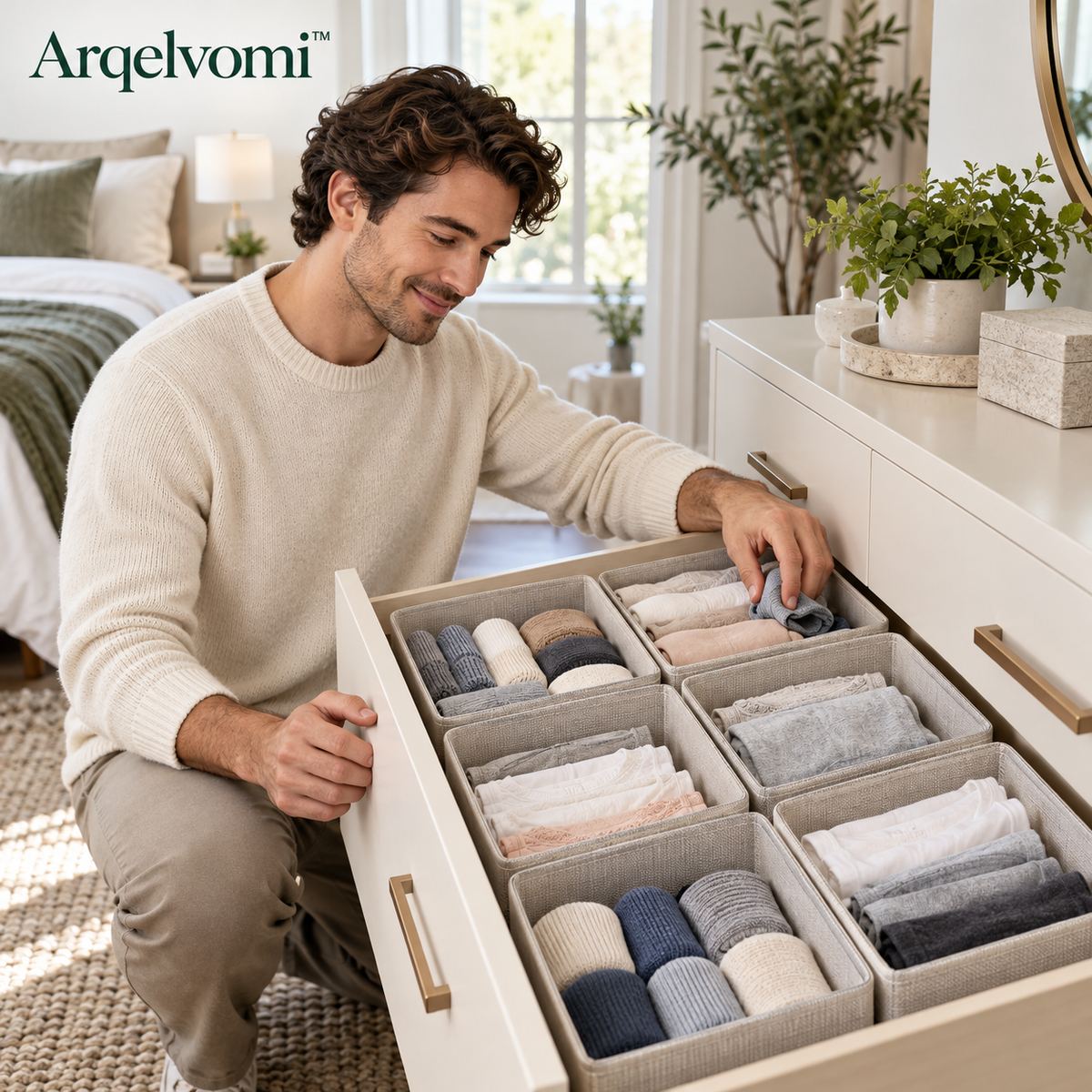 Arqelvomi™ LinenArc 6-Piece Fabric Drawer Organizer Bins – Foldable Dresser Storage Boxes with Reinforced Sides for Socks, Underwear, Baby Clothes, Bedroom & Closet Organization