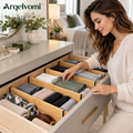 Arqelvomi™ GroveRail Adjustable Bamboo Drawer Dividers – 4-Pack Expandable Spring-Loaded Drawer Separators with Non-Slip Ends for Kitchen Utensils, Clothing, Dresser & Office Organization