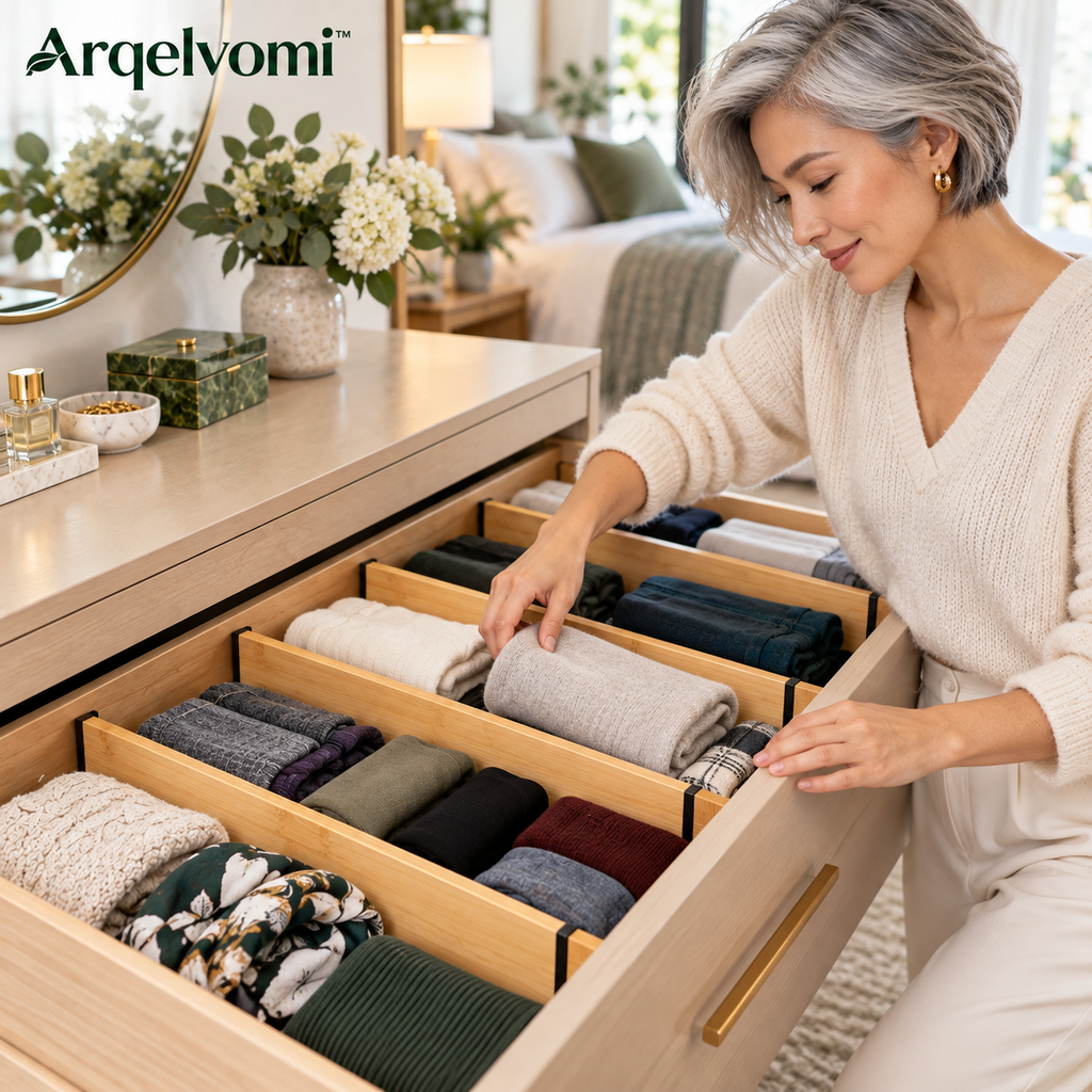 Arqelvomi™ GroveRail Adjustable Bamboo Drawer Dividers – 4-Pack Expandable Spring-Loaded Drawer Separators with Non-Slip Ends for Kitchen Utensils, Clothing, Dresser & Office Organization