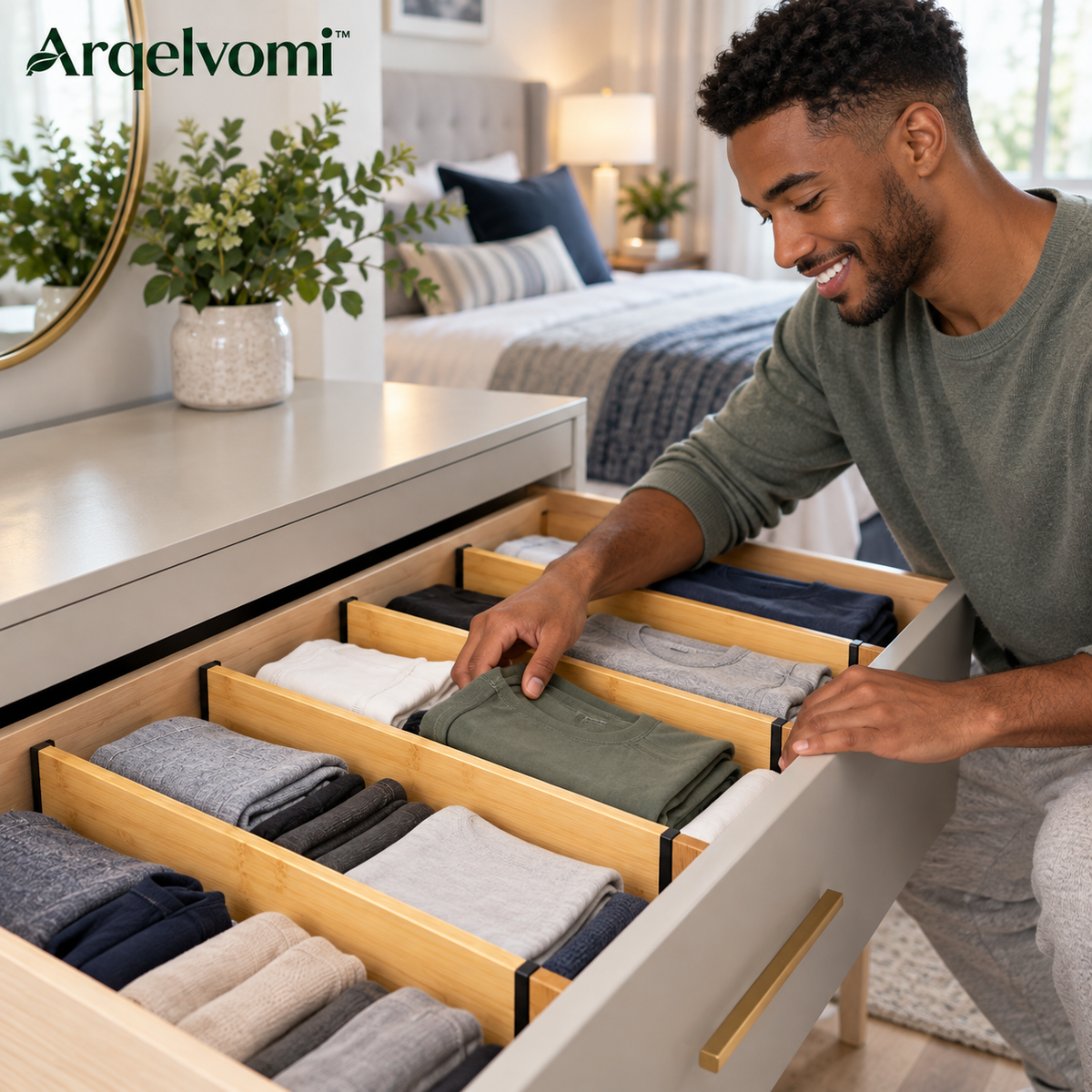 Arqelvomi™ GroveRail Adjustable Bamboo Drawer Dividers – 4-Pack Expandable Spring-Loaded Drawer Separators with Non-Slip Ends for Kitchen Utensils, Clothing, Dresser & Office Organization
