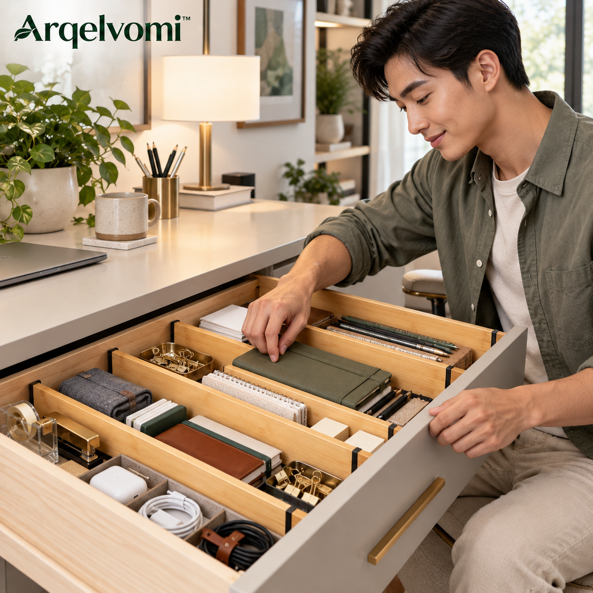 Arqelvomi™ GroveRail Adjustable Bamboo Drawer Dividers – 4-Pack Expandable Spring-Loaded Drawer Separators with Non-Slip Ends for Kitchen Utensils, Clothing, Dresser & Office Organization