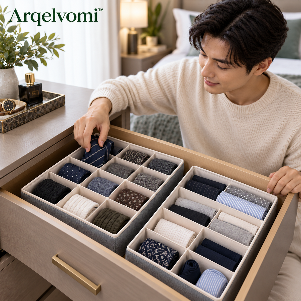 Arqelvomi™ HaloGrid 2-Piece Underwear & Sock Drawer Organizer – 24-Compartment Fabric Storage Divider Set for Socks, Intimates, Ties, Small Accessories & Bedroom Dresser Organization