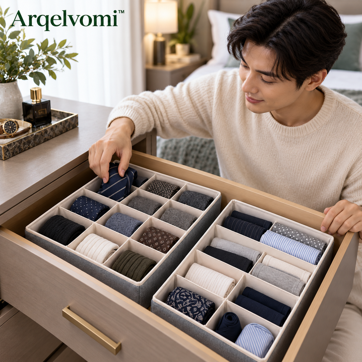 Arqelvomi™ HaloGrid 2-Piece Underwear & Sock Drawer Organizer – 24-Compartment Fabric Storage Divider Set for Socks, Intimates, Ties, Small Accessories & Bedroom Dresser Organization