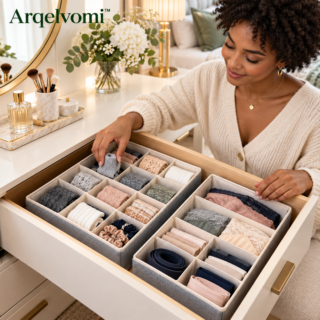 Arqelvomi™ HaloGrid 2-Piece Underwear & Sock Drawer Organizer – 24-Compartment Fabric Storage Divider Set for Socks, Intimates, Ties, Small Accessories & Bedroom Dresser Organization