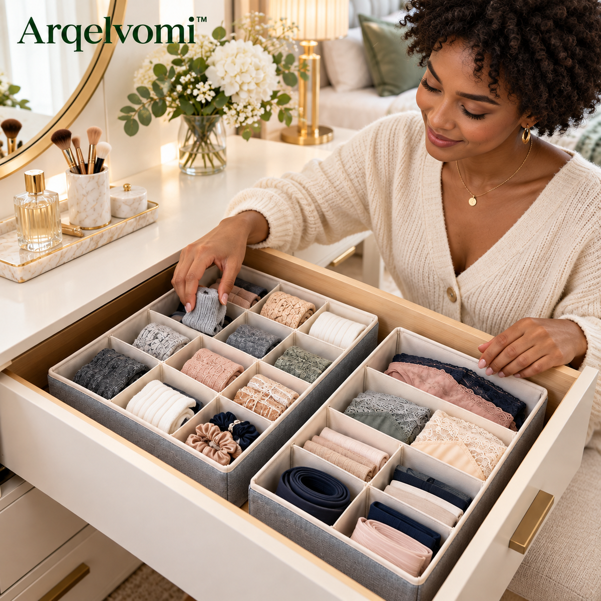Arqelvomi™ HaloGrid 2-Piece Underwear & Sock Drawer Organizer – 24-Compartment Fabric Storage Divider Set for Socks, Intimates, Ties, Small Accessories & Bedroom Dresser Organization