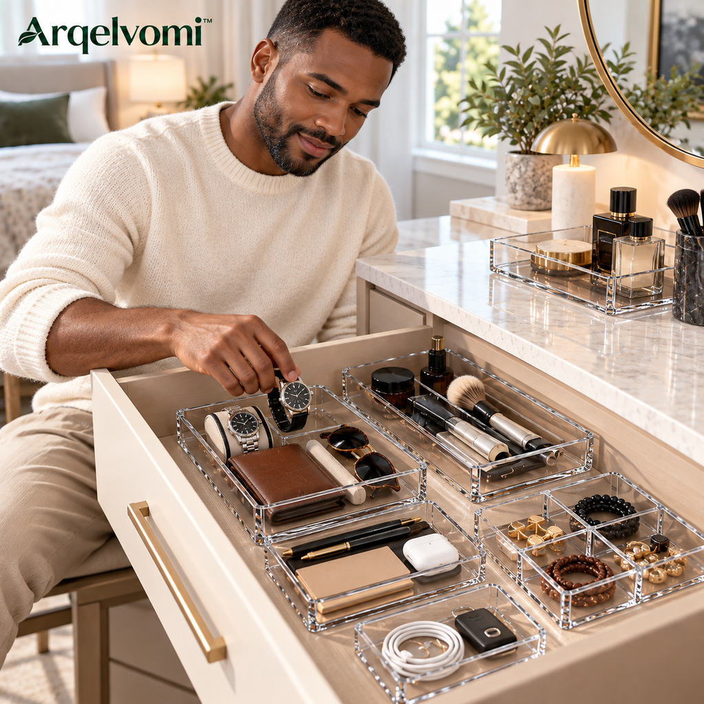 Arqelvomi™ Clearline 5-Piece Acrylic Drawer Organizer Set – Stackable Makeup Storage Trays, Clear Vanity Drawer Dividers for Cosmetics, Jewelry, Skincare, Office & Bathroom Organization