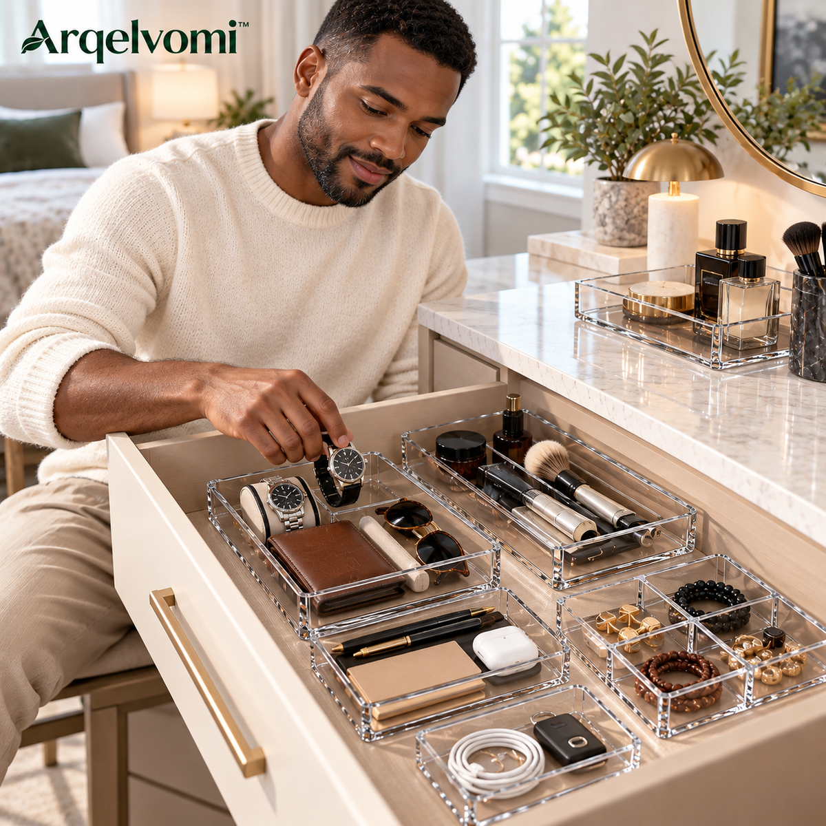 Arqelvomi™ Clearline 5-Piece Acrylic Drawer Organizer Set – Stackable Makeup Storage Trays, Clear Vanity Drawer Dividers for Cosmetics, Jewelry, Skincare, Office & Bathroom Organization