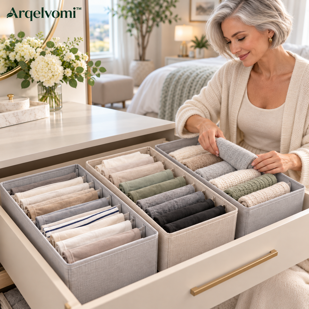 Arqelvomi™ FoldNest 3-Pack T-Shirt Drawer Organizer – Structured Fabric Clothing Storage Bins with Adjustable Dividers for Folded Shirts, Leggings, Sweaters & Closet Shelves
