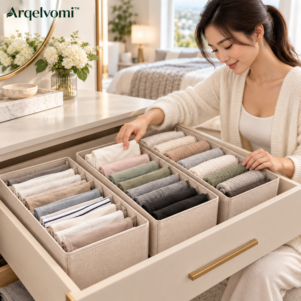 Arqelvomi™ FoldNest 3-Pack T-Shirt Drawer Organizer – Structured Fabric Clothing Storage Bins with Adjustable Dividers for Folded Shirts, Leggings, Sweaters & Closet Shelves