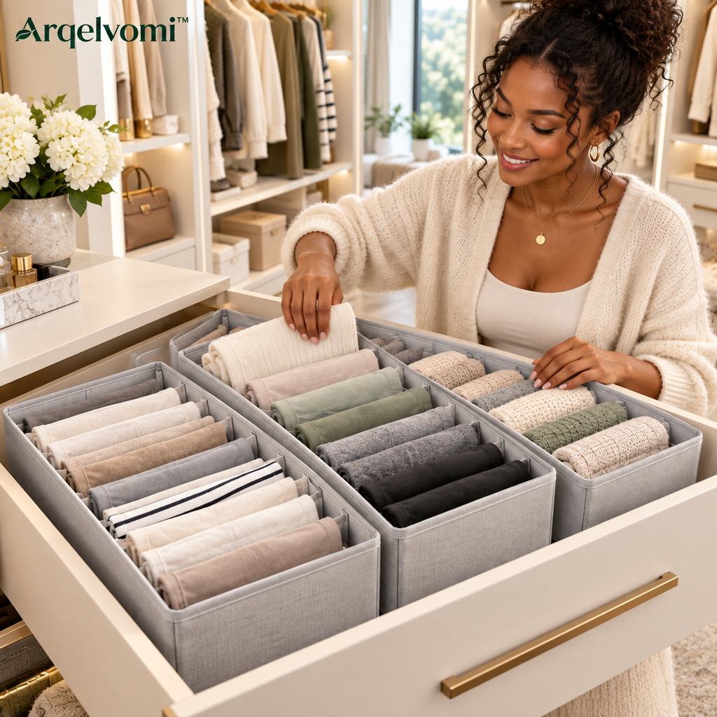 Arqelvomi™ FoldNest 3-Pack T-Shirt Drawer Organizer – Structured Fabric Clothing Storage Bins with Adjustable Dividers for Folded Shirts, Leggings, Sweaters & Closet Shelves