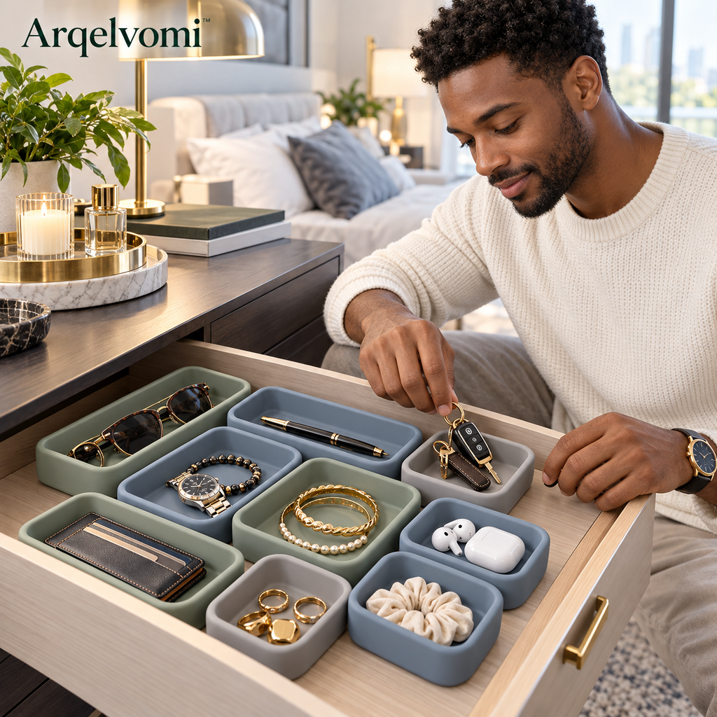 Arqelvomi™ OrbitStone 8-Piece Silicone Drawer Organizer Set – Modern Non-Slip Jewelry & Accessory Trays for Keys, Watches, Desk Supplies, Bathroom Essentials & Nightstand Storage