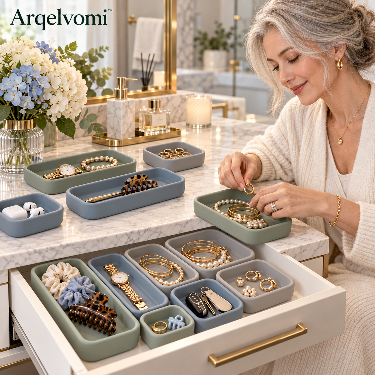 Arqelvomi™ OrbitStone 8-Piece Silicone Drawer Organizer Set – Modern Non-Slip Jewelry & Accessory Trays for Keys, Watches, Desk Supplies, Bathroom Essentials & Nightstand Storage