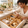 Arqelvomi™ EdgeCraft 6-Piece Bamboo Drawer Organizer Boxes – Modular Wooden Storage Trays with Rounded Corners for Kitchen Utensils, Dresser Accessories, Office Supplies & Vanity Organization