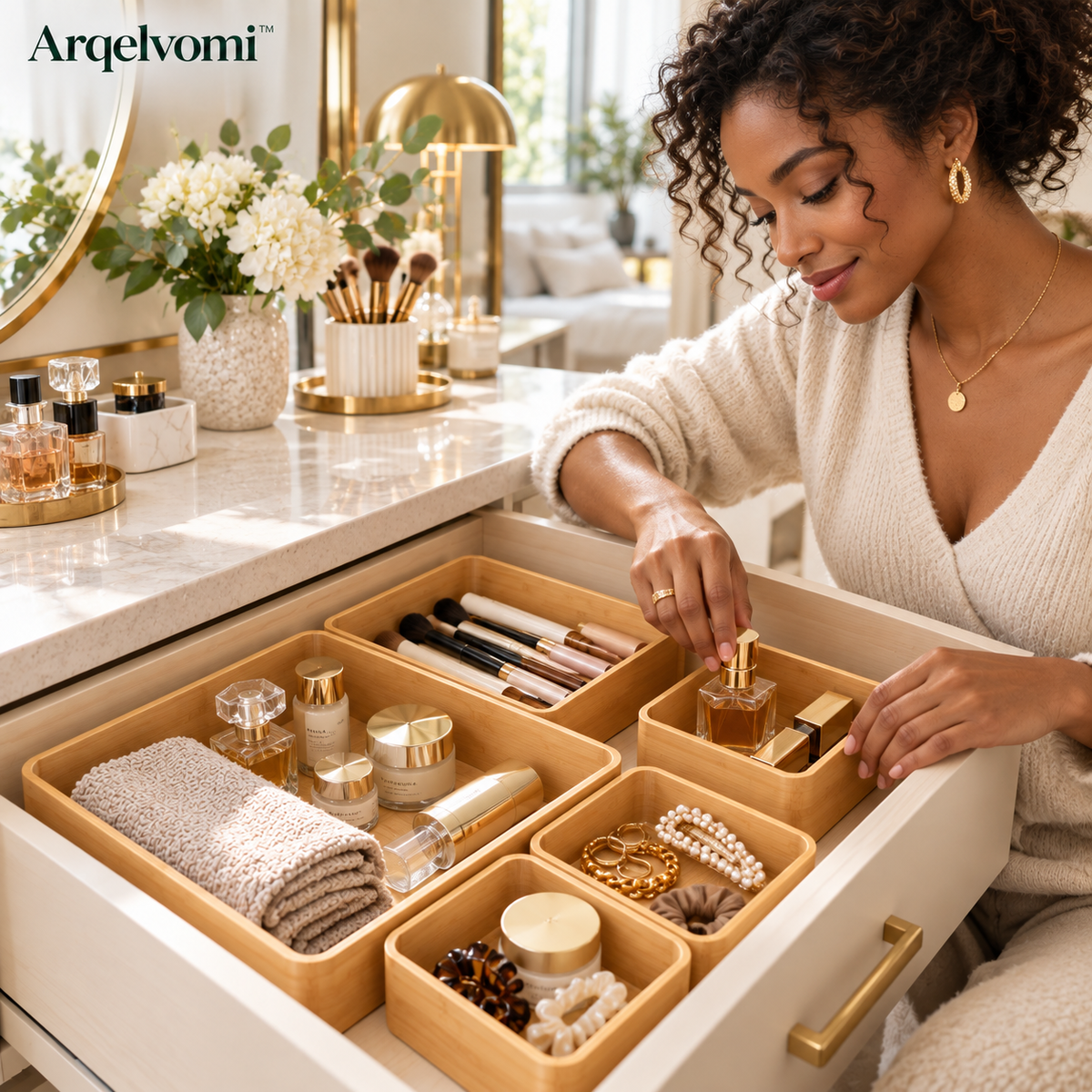 Arqelvomi™ EdgeCraft 6-Piece Bamboo Drawer Organizer Boxes – Modular Wooden Storage Trays with Rounded Corners for Kitchen Utensils, Dresser Accessories, Office Supplies & Vanity Organization