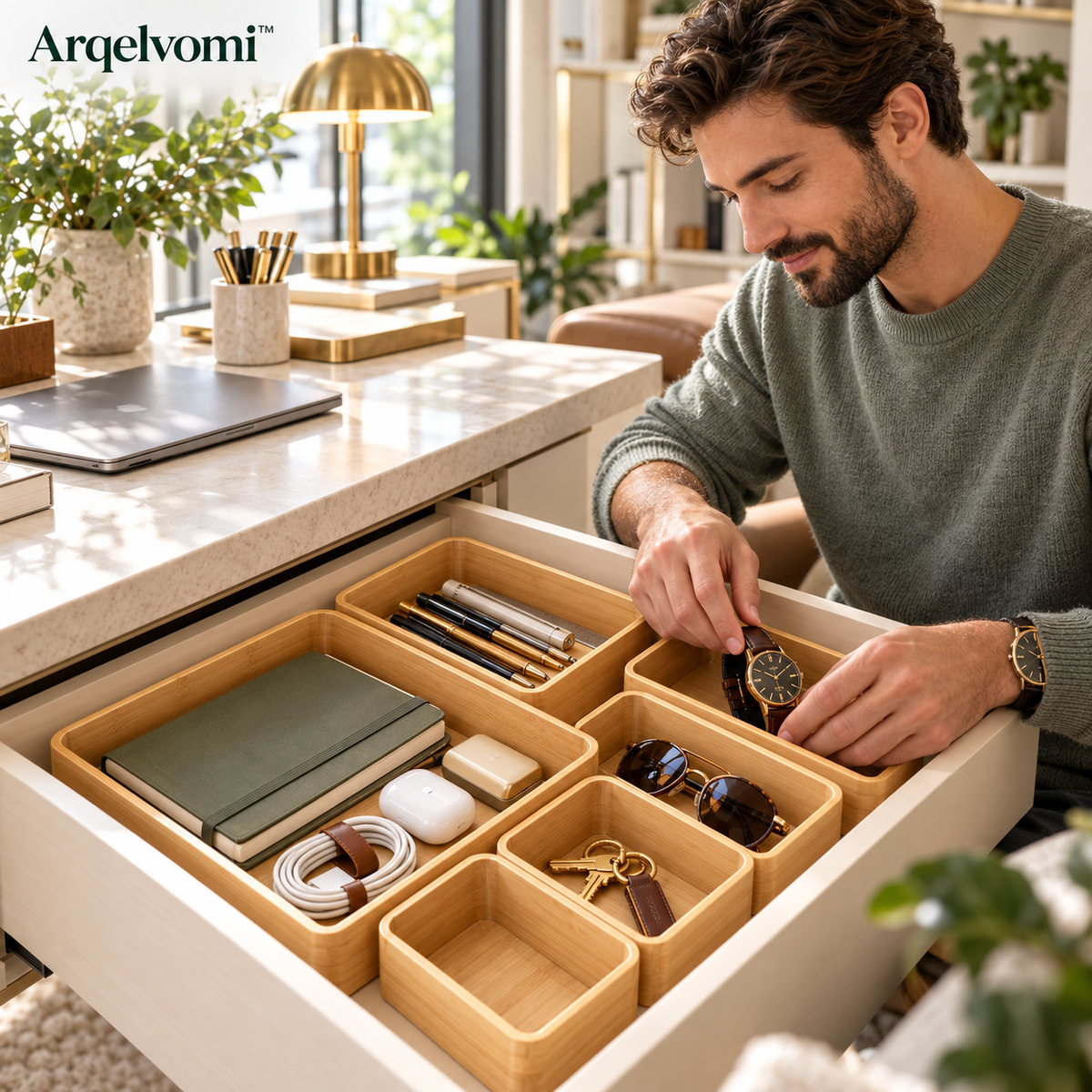 Arqelvomi™ EdgeCraft 6-Piece Bamboo Drawer Organizer Boxes – Modular Wooden Storage Trays with Rounded Corners for Kitchen Utensils, Dresser Accessories, Office Supplies & Vanity Organization