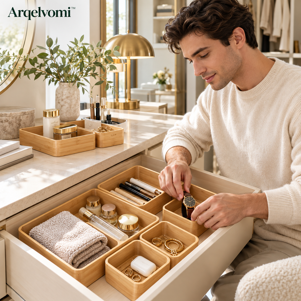 Arqelvomi™ EdgeCraft 6-Piece Bamboo Drawer Organizer Boxes – Modular Wooden Storage Trays with Rounded Corners for Kitchen Utensils, Dresser Accessories, Office Supplies & Vanity Organization