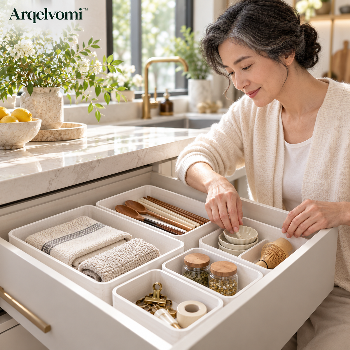 Arqelvomi™ EdgeCraft 6-Piece Bamboo Drawer Organizer Boxes – Modular Wooden Storage Trays with Rounded Corners for Kitchen Utensils, Dresser Accessories, Office Supplies & Vanity Organization