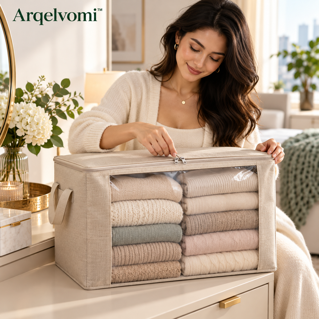 Arqelvomi™ VeilView 3-Pack Large Clothes Storage Bags – Foldable Zippered Closet Organizers with Clear Window, Reinforced Handles for Blankets, Bedding, Sweaters & Seasonal Clothing