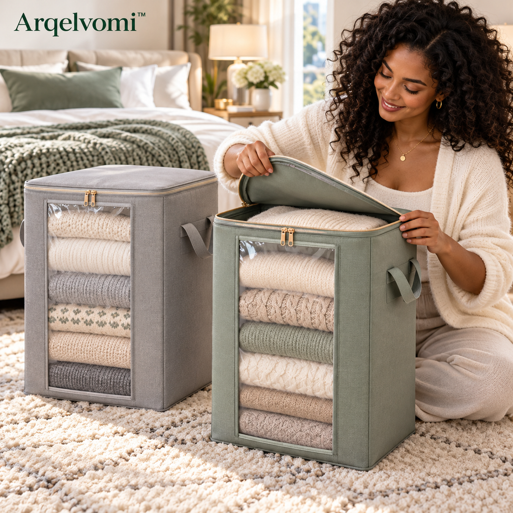 Arqelvomi™ VeilView 3-Pack Large Clothes Storage Bags – Foldable Zippered Closet Organizers with Clear Window, Reinforced Handles for Blankets, Bedding, Sweaters & Seasonal Clothing