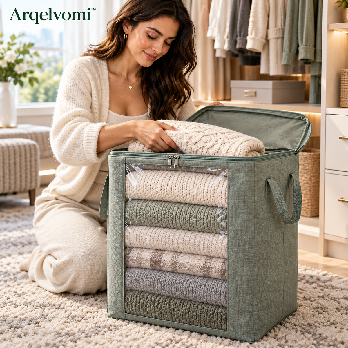 Arqelvomi™ VeilView 3-Pack Large Clothes Storage Bags – Foldable Zippered Closet Organizers with Clear Window, Reinforced Handles for Blankets, Bedding, Sweaters & Seasonal Clothing