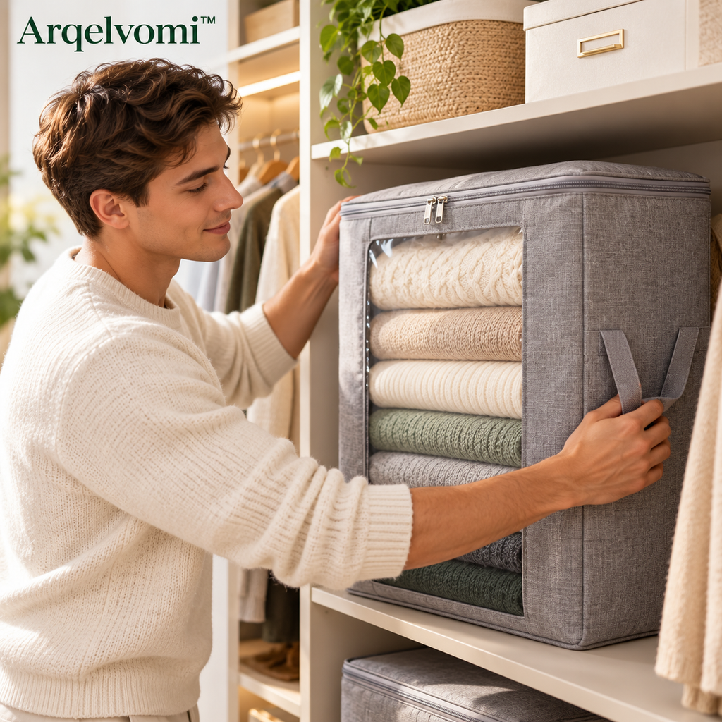 Arqelvomi™ VeilView 3-Pack Large Clothes Storage Bags – Foldable Zippered Closet Organizers with Clear Window, Reinforced Handles for Blankets, Bedding, Sweaters & Seasonal Clothing